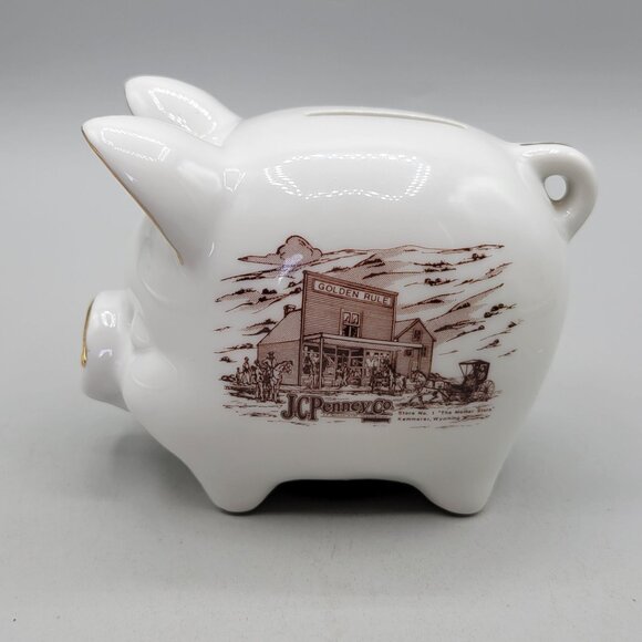 Vintage JC Penney Golden Rule Store Piggy Bank Ceramic White Gold Accents - Picture 3 of 8